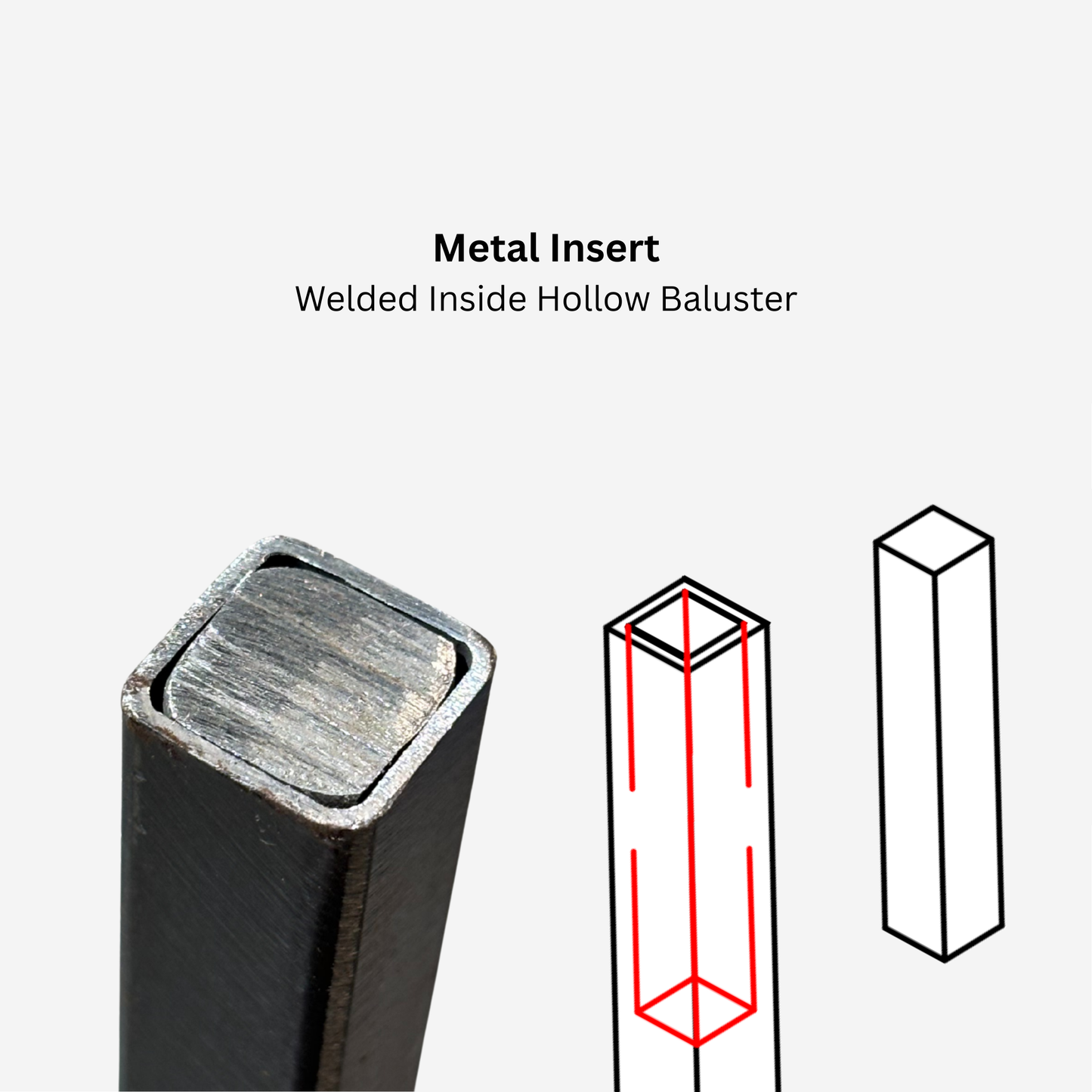 Balustre rectangulaire à tige carrée et insert métallique creux de 1/2 po 